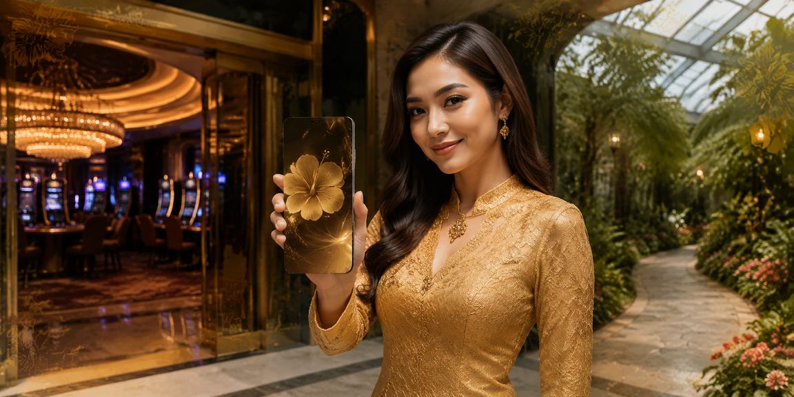 Pengguna Malaysia menggunakan aplikasi kasino dalam talian dengan pakaian tradisional kebaya